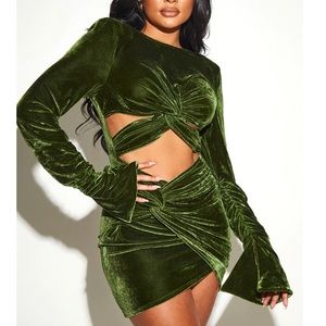 Olive Velvet Twisted Cut Out Detail Ruched Sleeve Bodycon Dress